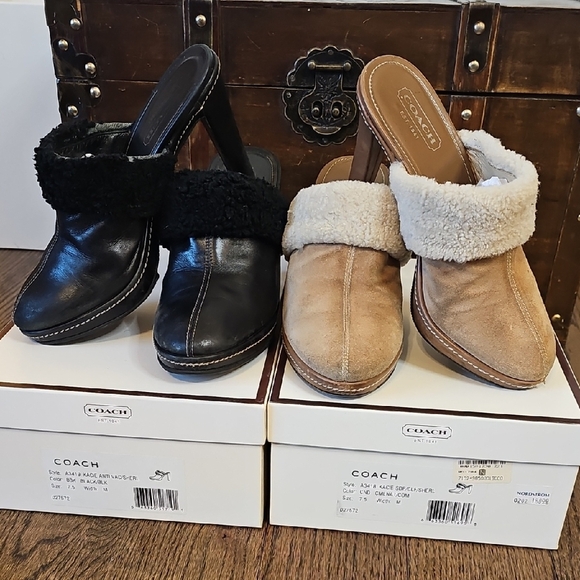 Coach Shoes - Vintage Coach Women's Black and Tan Shearling Mules - Make Offer